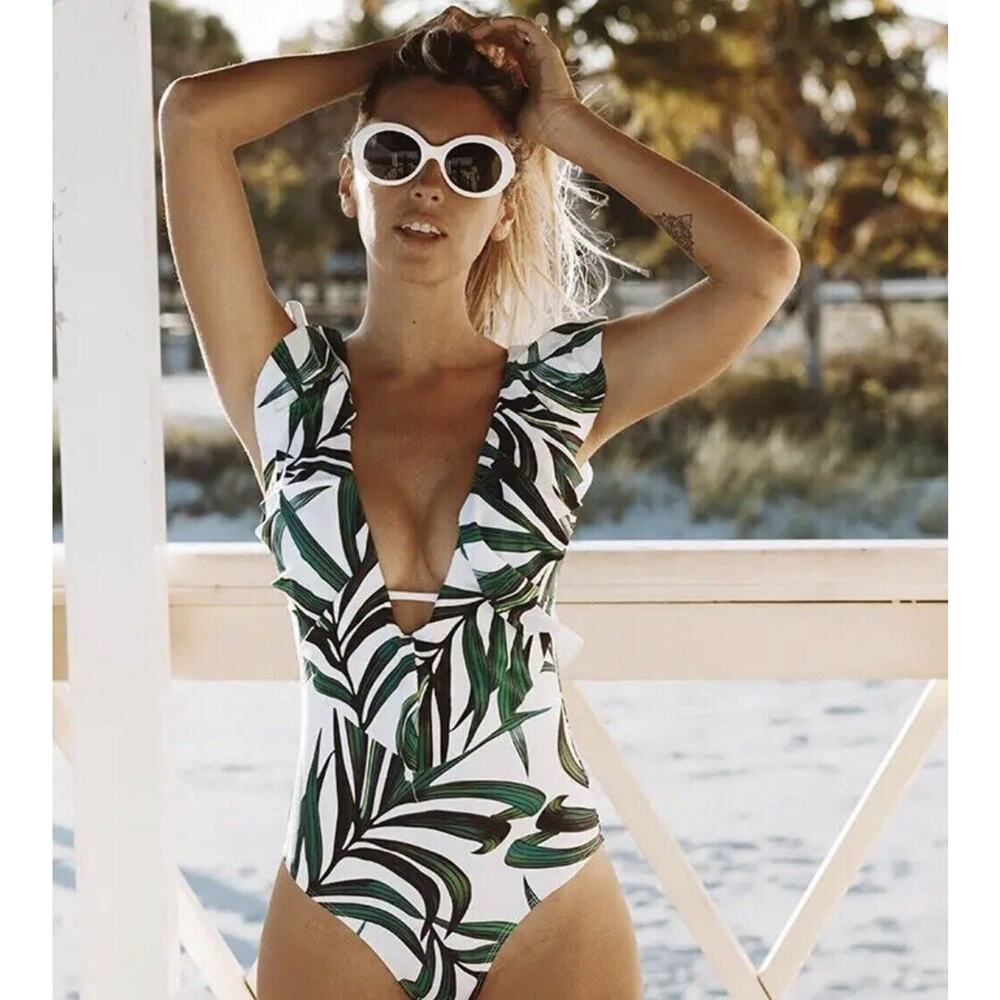 Women One Piece Swimsuit V Neck Ruffle Bathing Suit Padded Leaves Small Summer